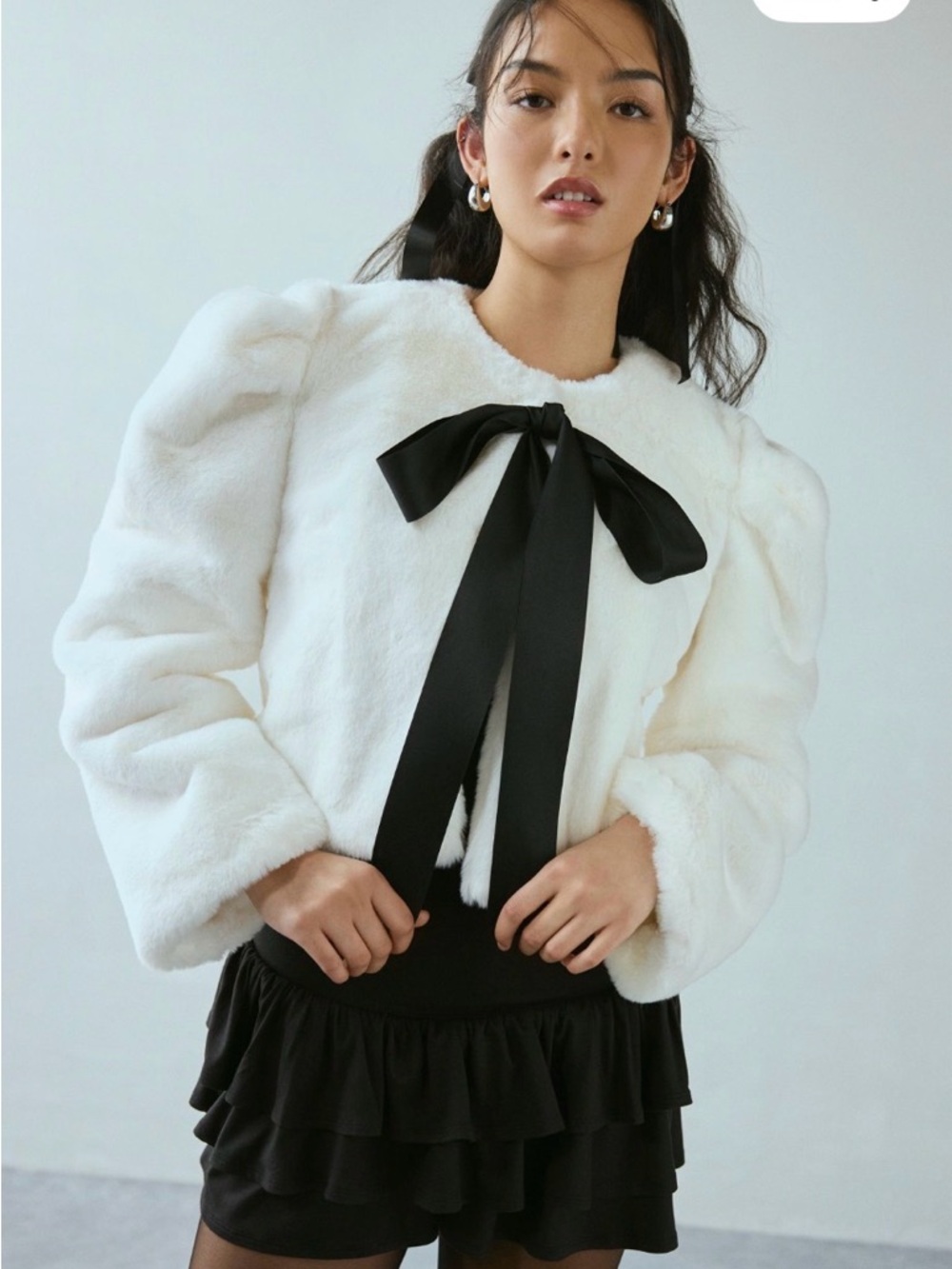Sister Jane White Faux Fur Jacket with Black Ribbon Bow